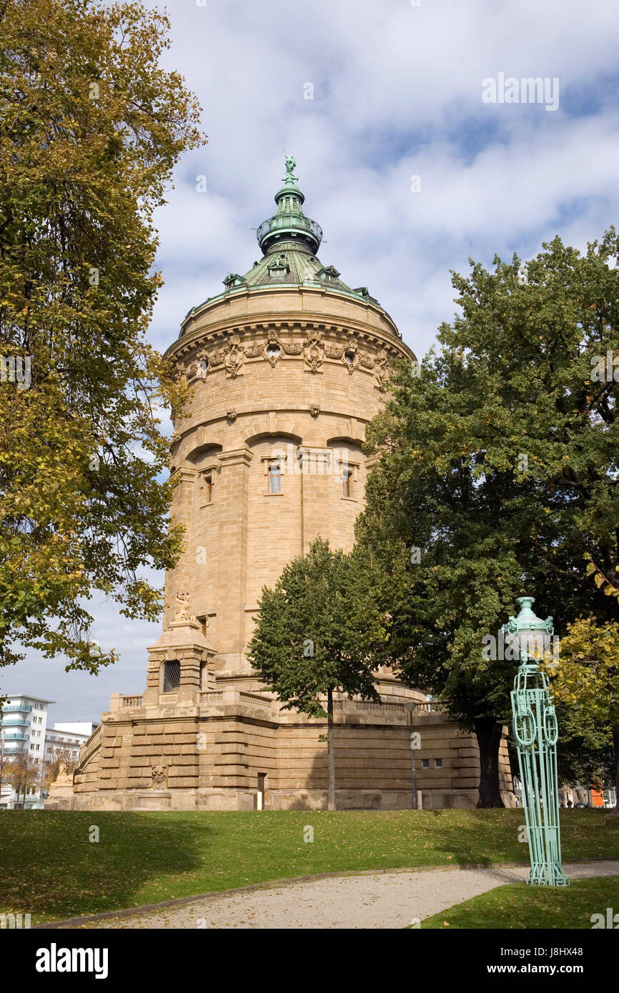Torre, ciudad, tablones, torre de agua, rosarium, plazas, Alemania federal alemán Foto de stock
