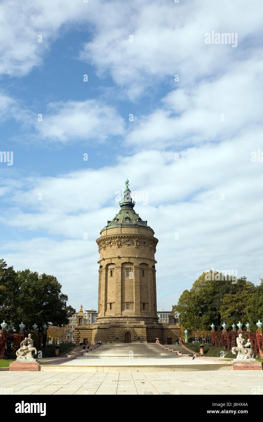 Torre, ciudad, tablones, torre de agua, rosarium, plazas, Alemania federal alemán Foto de stock