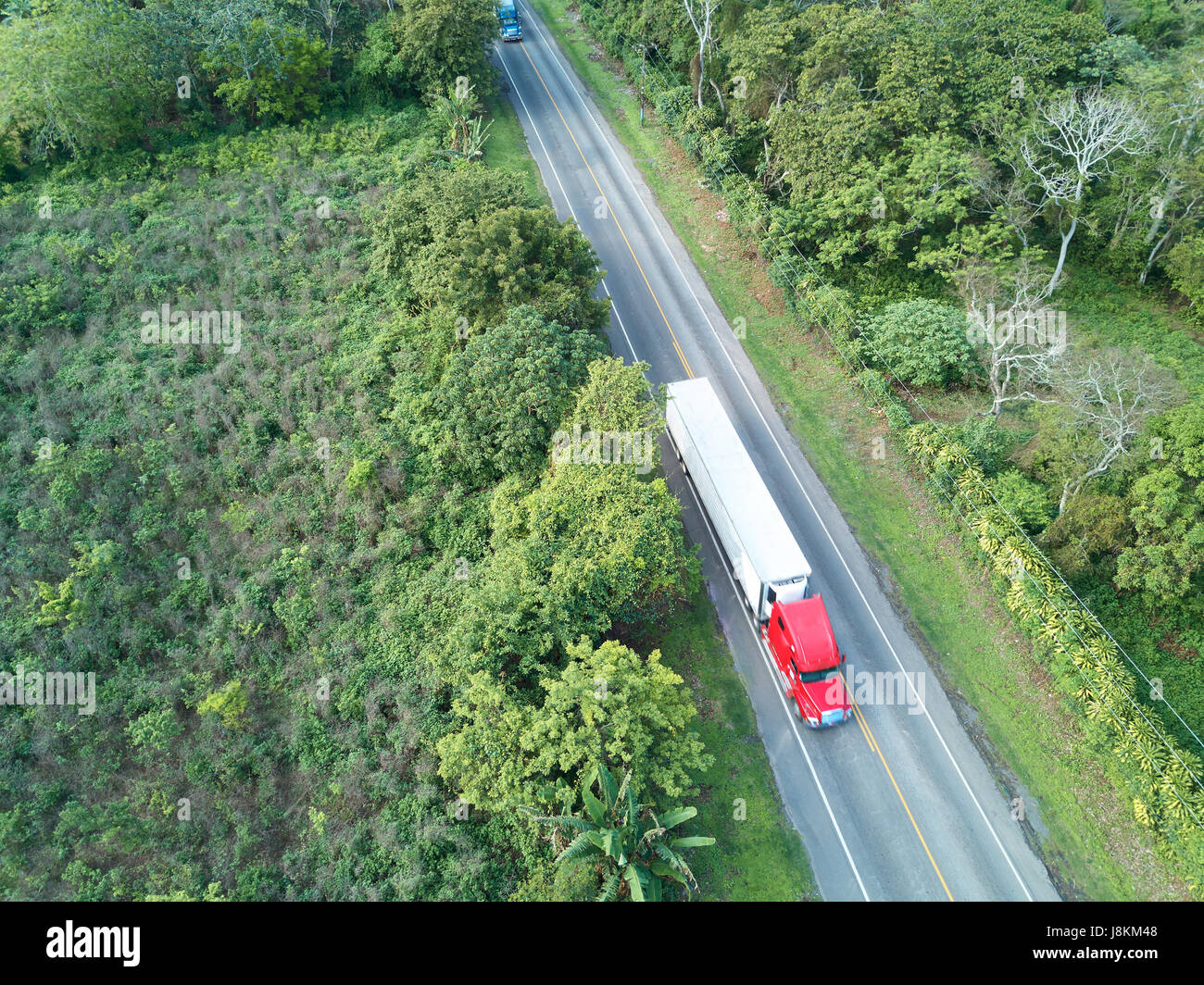 Carretera con camión contenedor llevar encima de vista aérea. Transamerica road en Nicaragua Foto de stock