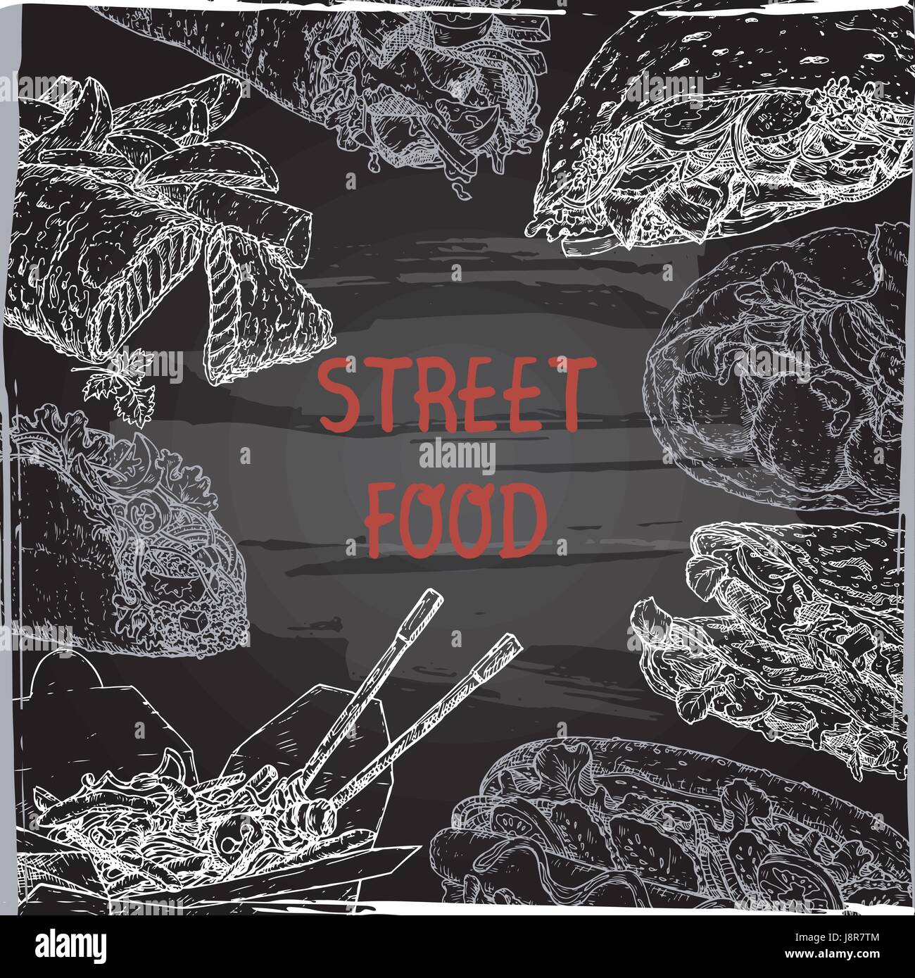 Comida en la calle plantilla con bocetos de platos tradicionales en pizarra de fondo. Ilustración del Vector