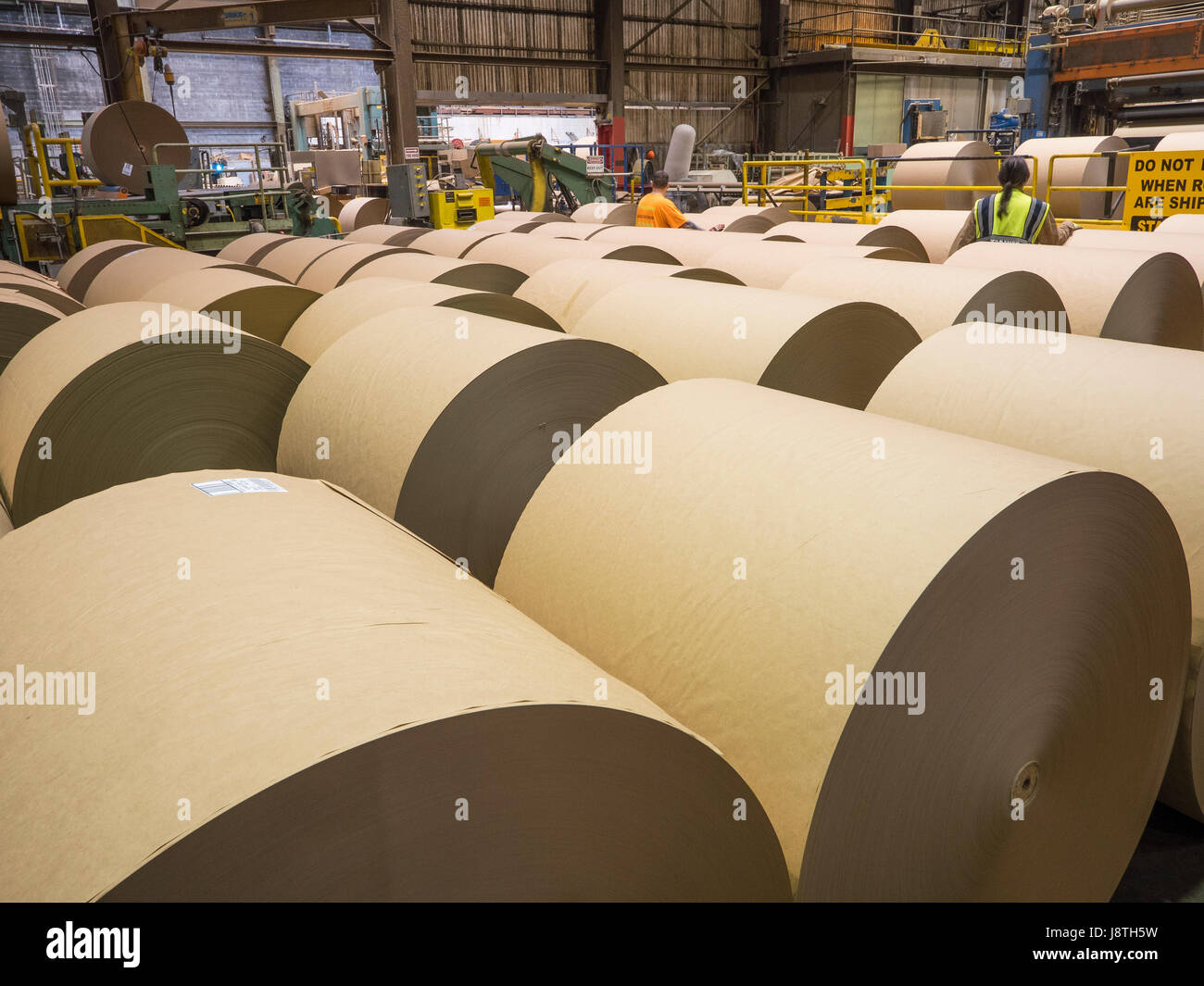 Molino de papel operaciones en el Noroeste del Pacífico Americano. treinta toneladas de rollos de papel kraft marrón son producidos. Foto de stock