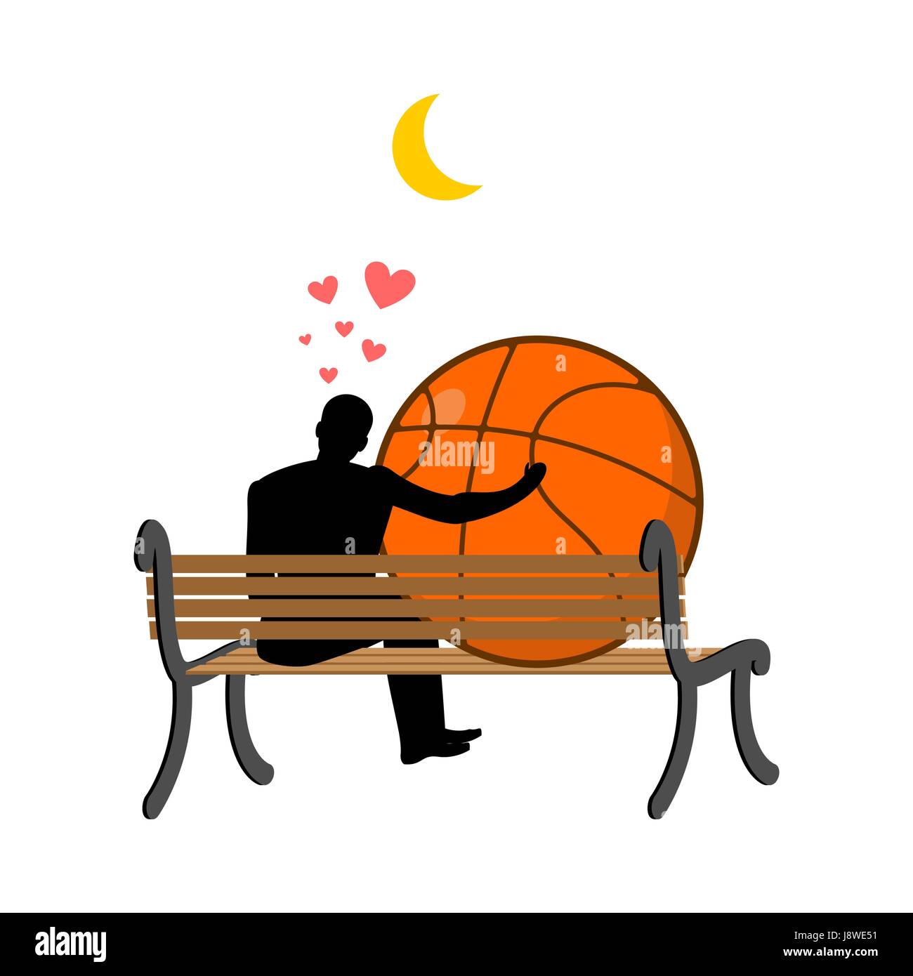 Amante del baloncesto. Guy y bola sentado en un banco. Fecha romántica