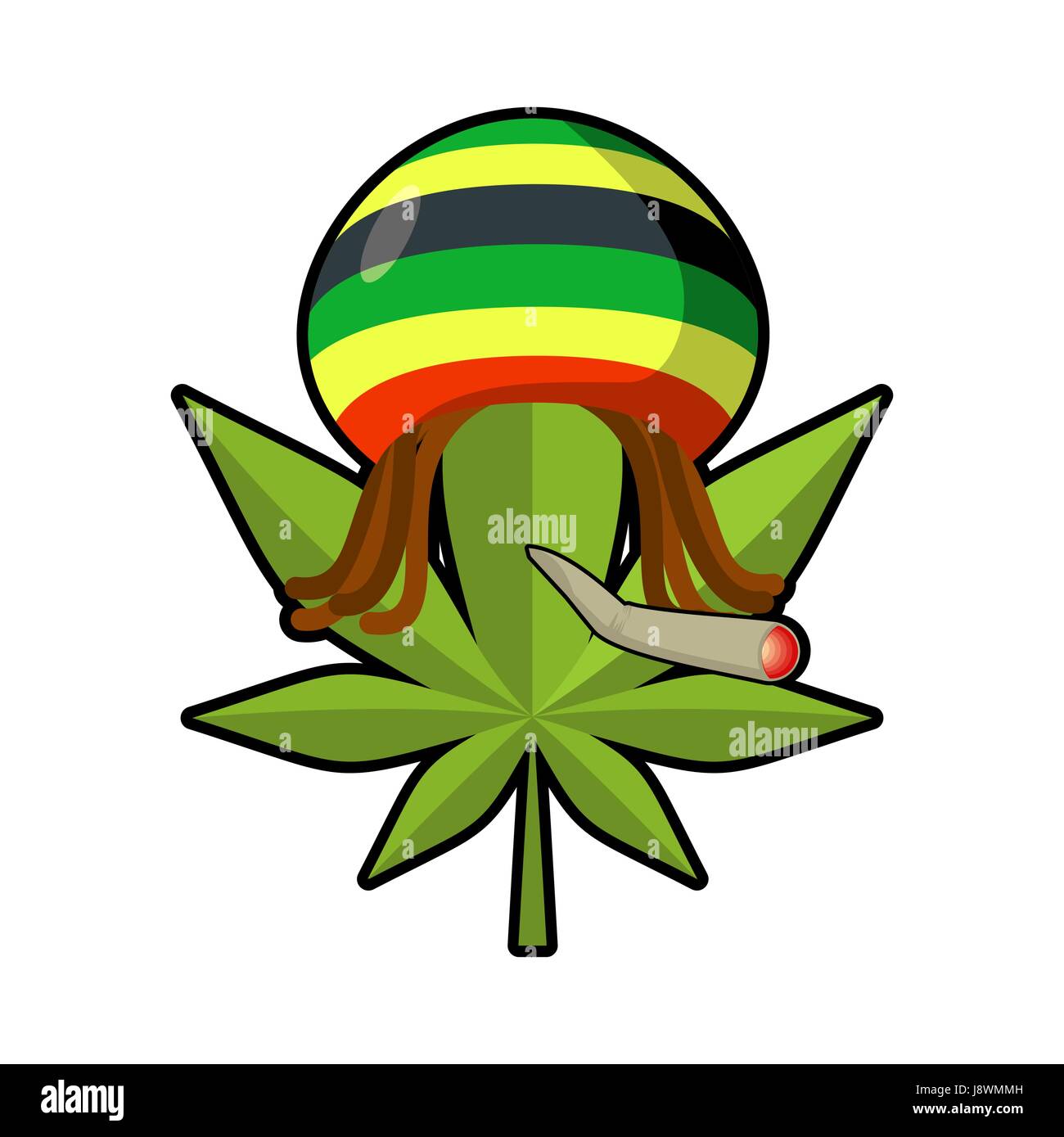 Hoja de marihuana y tapa de reggae con dreadlocks. Fumar cannabis hojas