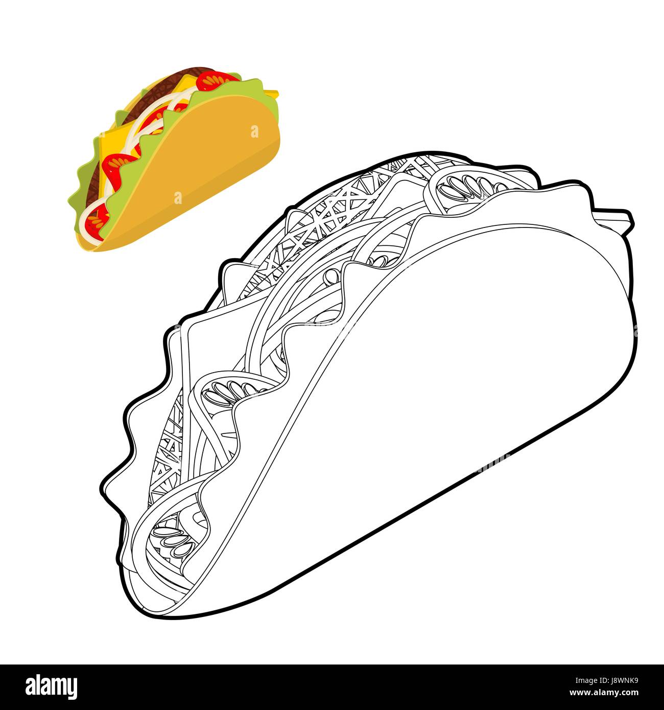 Libro para colorear de taco. Comida tradicional mexicana en estilo linear.  Tortilla Chips y cebolla. Tomate y carne fresca Imagen Vector de stock -  Alamy