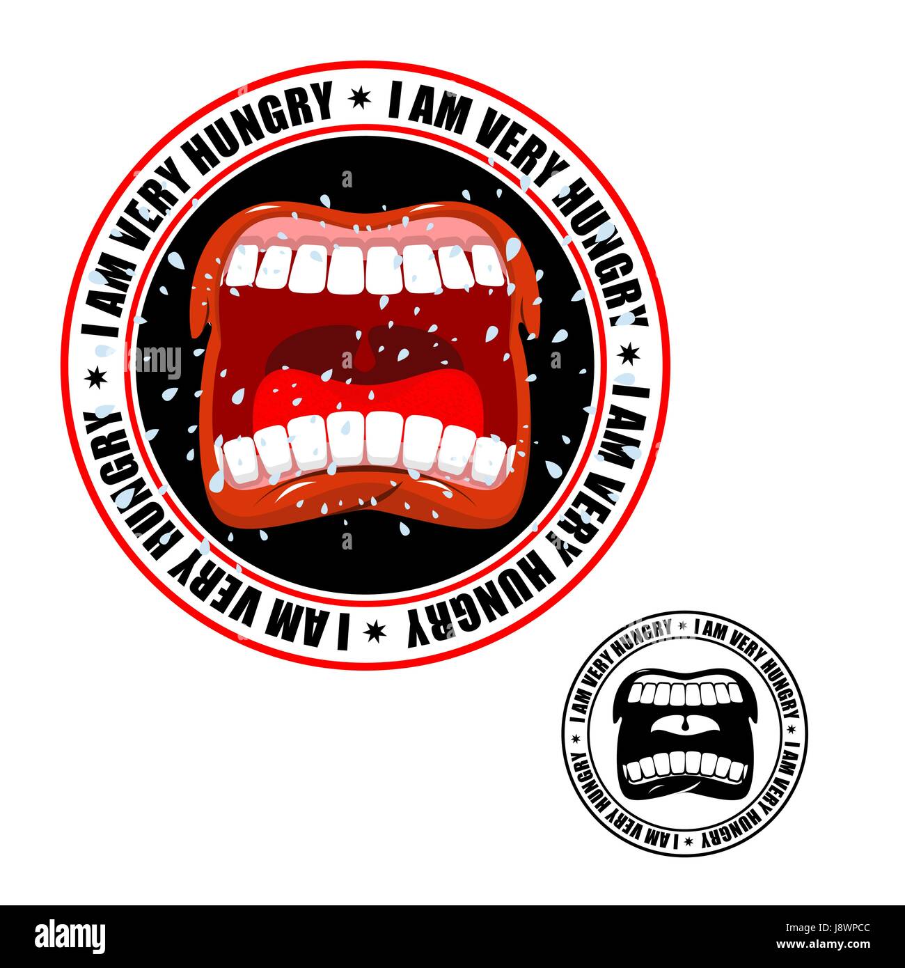 Estoy muy hambriento sello. Impresión de personas hambrientas. Abrir la boca y los dientes. Babeo volador Ilustración del Vector