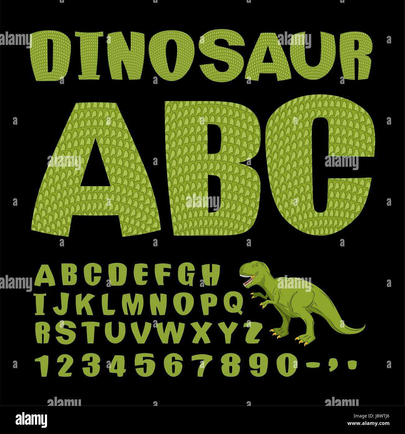 Dinosaurio ABC. Fuente de reptiles prehistóricos. Letras verdes. La textura de la piel del lagarto. Dino Monster alfabeto. Conjunto de animales antiguos cartas Ilustración del Vector