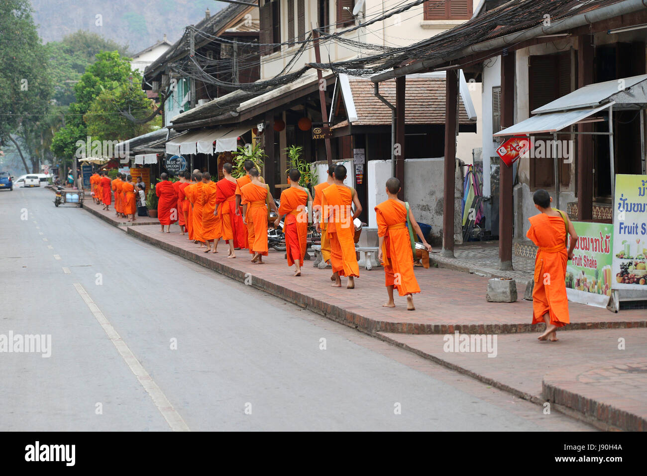Los monjes recolectando limosnas en Luang Prabang, Laos Foto de stock