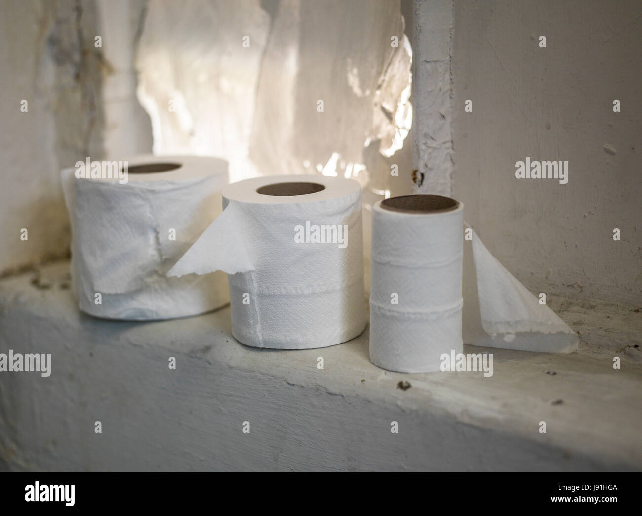 Rollos de papel higiénico en el baño desordenado Foto de stock