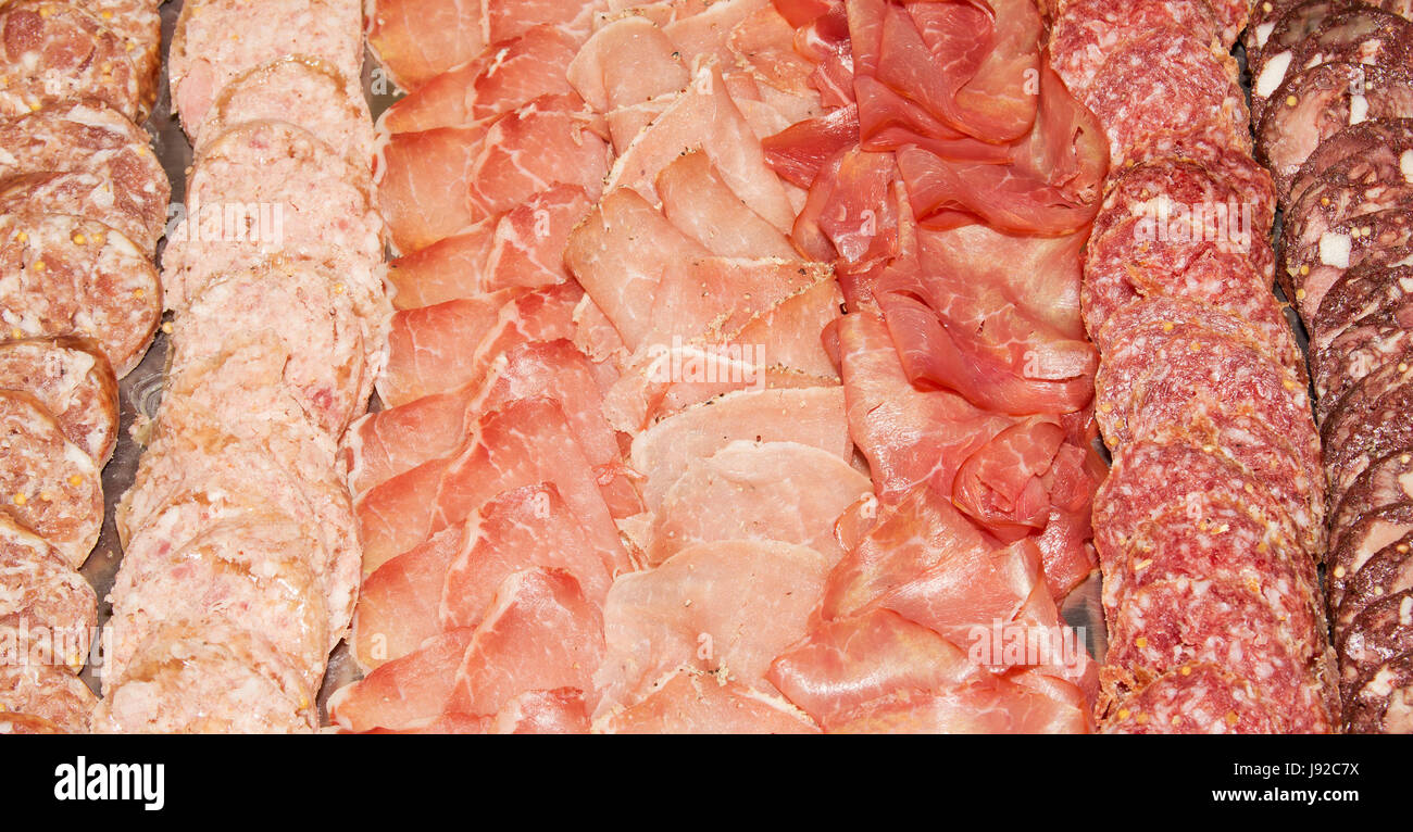 Alimentos, alimentos, placa, salami, jamón, grueso, ancho, grasas, carnes, embutidos, alimentos