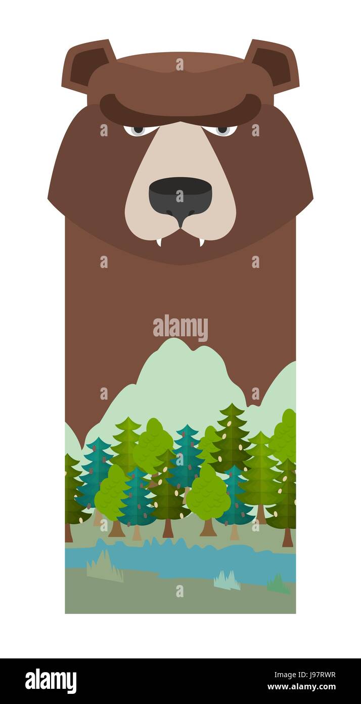 Oso. Jefe Grizzly Bear. Plantilla para la reserva y el Parque Forestal. Paisaje: montañas, ríos, bosques, cielo Ilustración del Vector