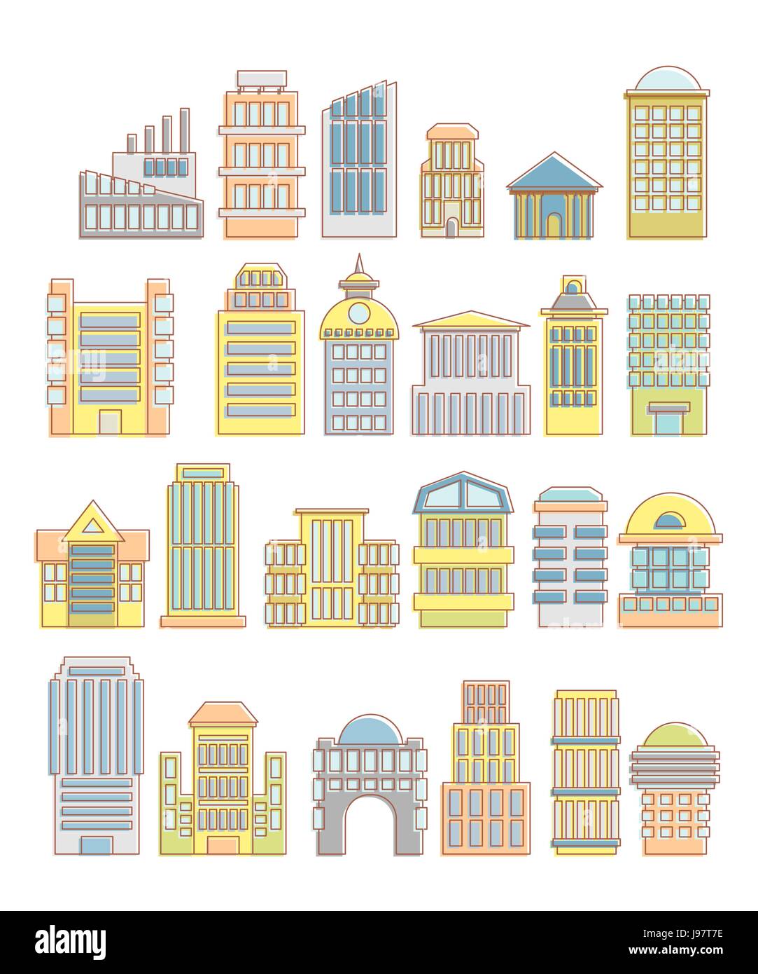 Colección de edificios, casas y objetos arquitectónicos. Los elementos urbanos en estilo de dibujos animados. Iconos de edificios públicos e instalaciones. Rascacielos y Ilustración del Vector