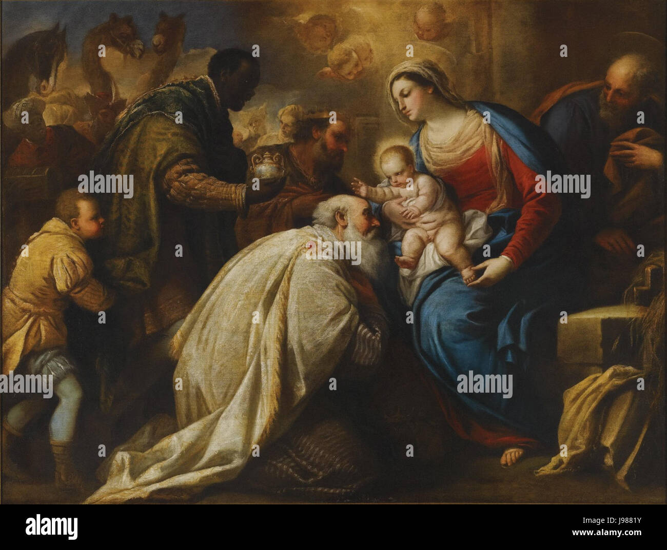 La adoración de los Magos, óleo sobre lienzo pintado por Luca Giordano, llamado Fa Presto Foto de stock