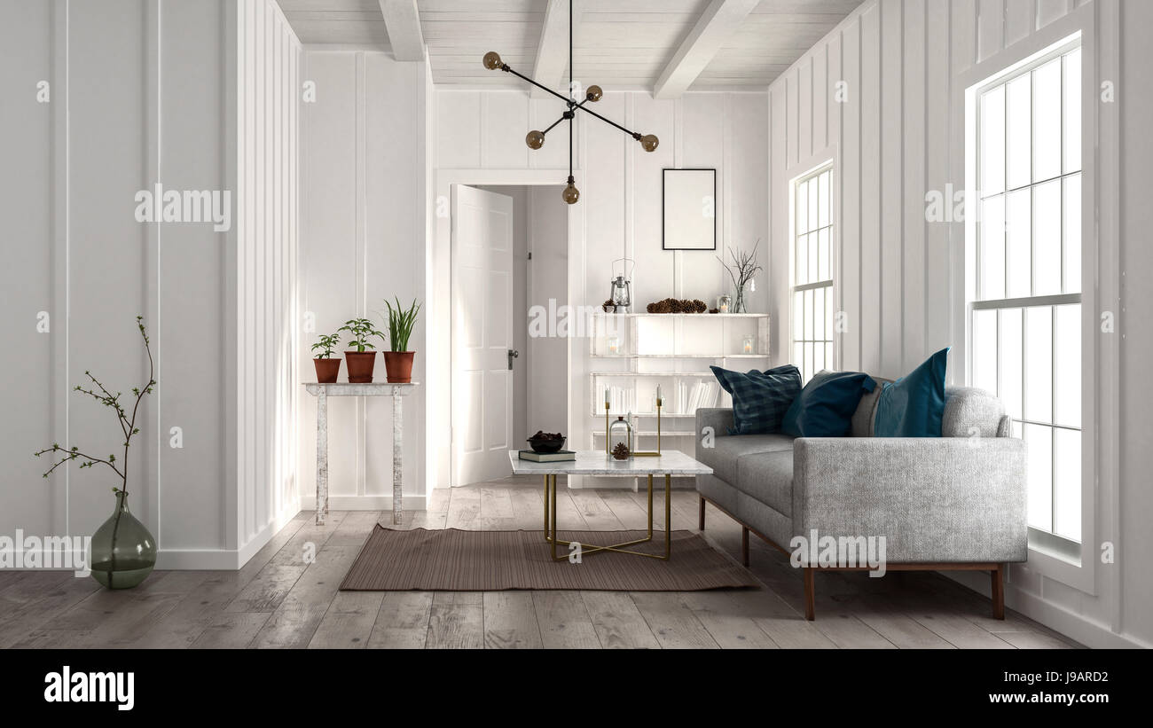 Salon De Diseno Minimalista Con Paredes Blancas Y Techos Sofa