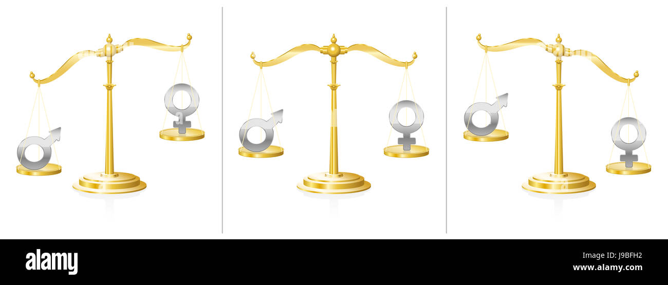 Escala con símbolos masculinos y femeninos- balanceado y no balanceado - símbolo de la igualdad o la injusticia, la arbitrariedad y la discrepancia en cuestiones de género. Foto de stock