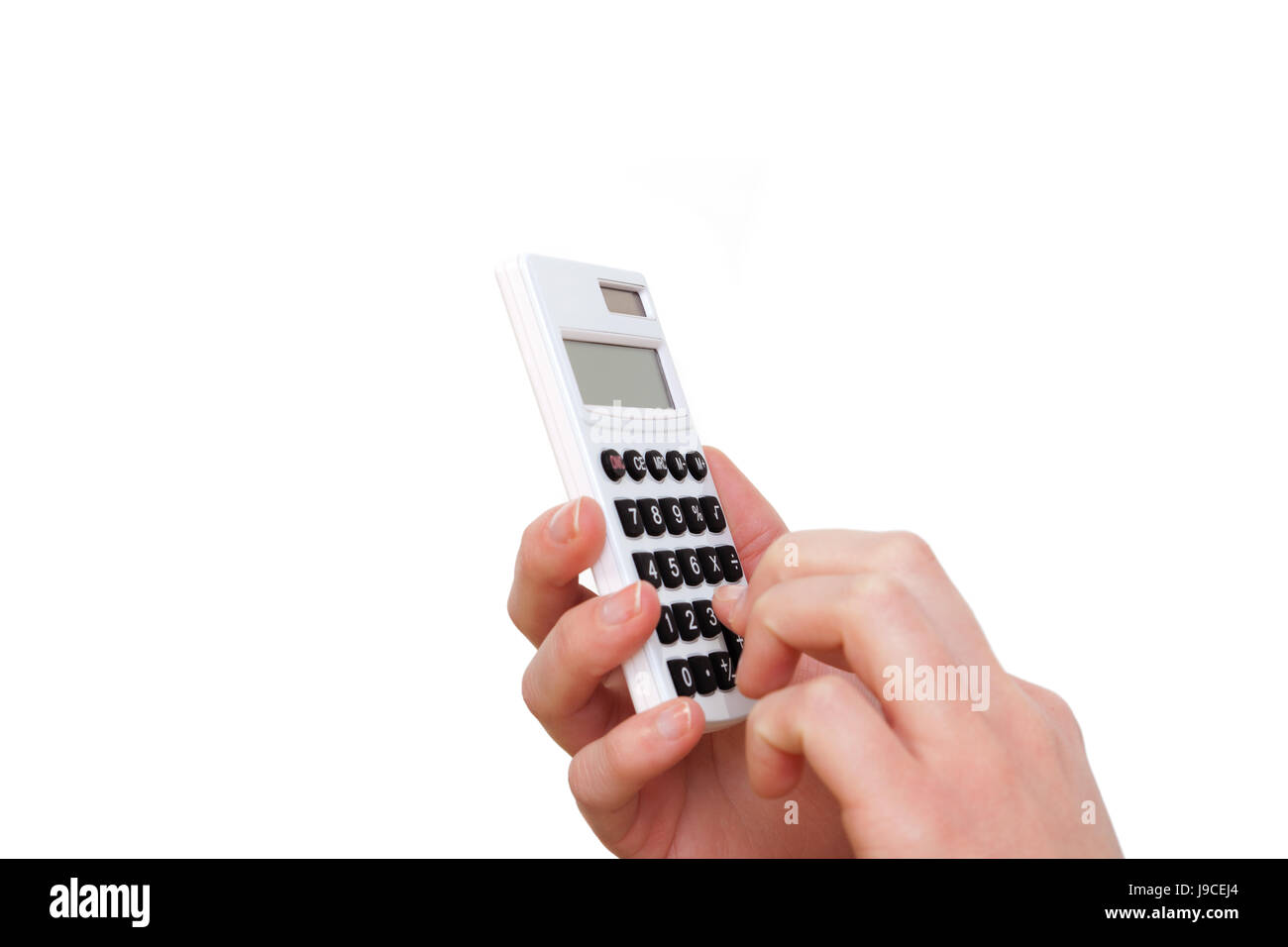 Mujer, manos, dedos entrar, calculadora de bolsillo, clave count,  resultado, mujer, tipo Fotografía de stock - Alamy