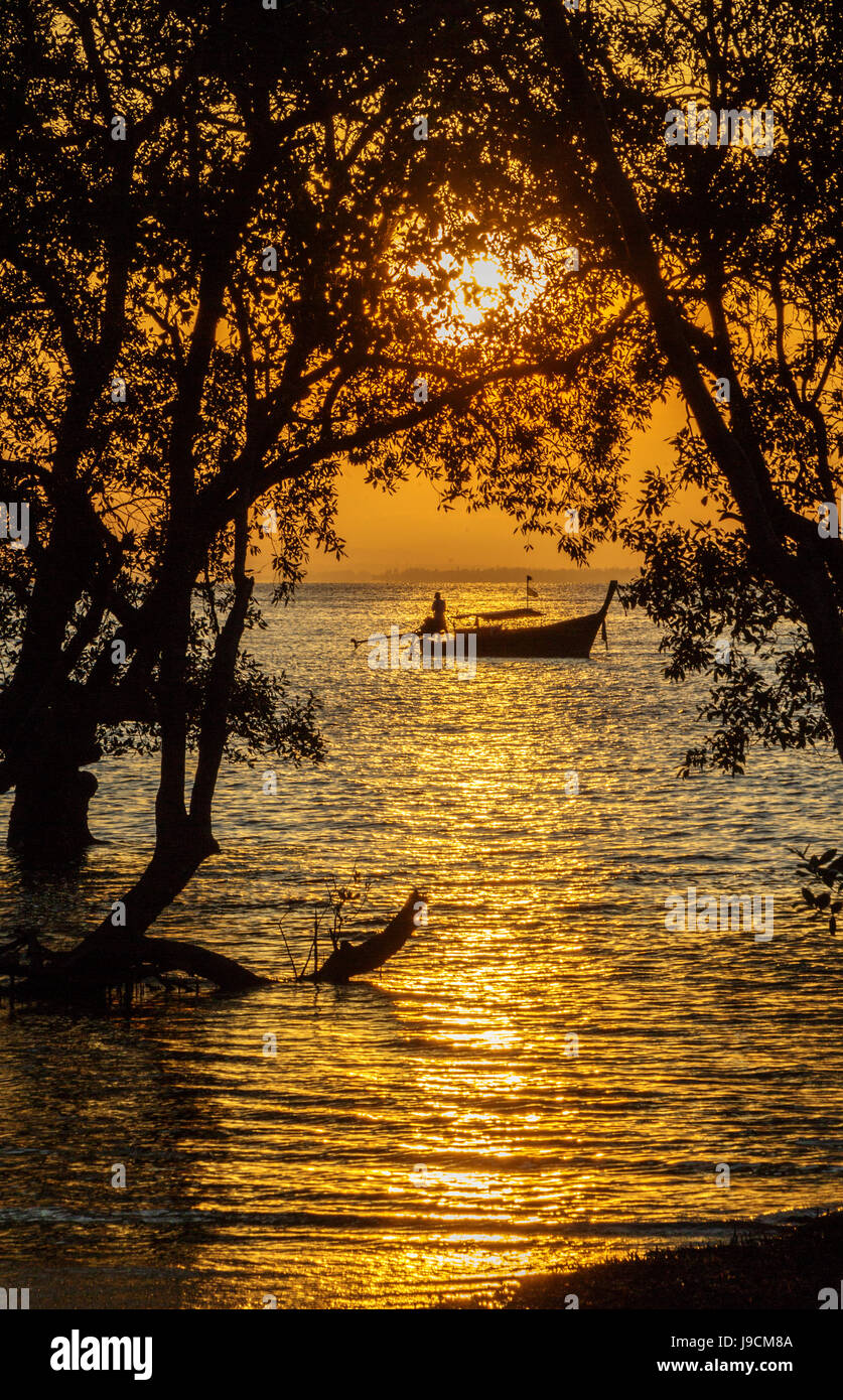 Amanecer en los manglares de la provincia de Krabi La Playa railay sur de Tailandia con una lancha silueta Foto de stock