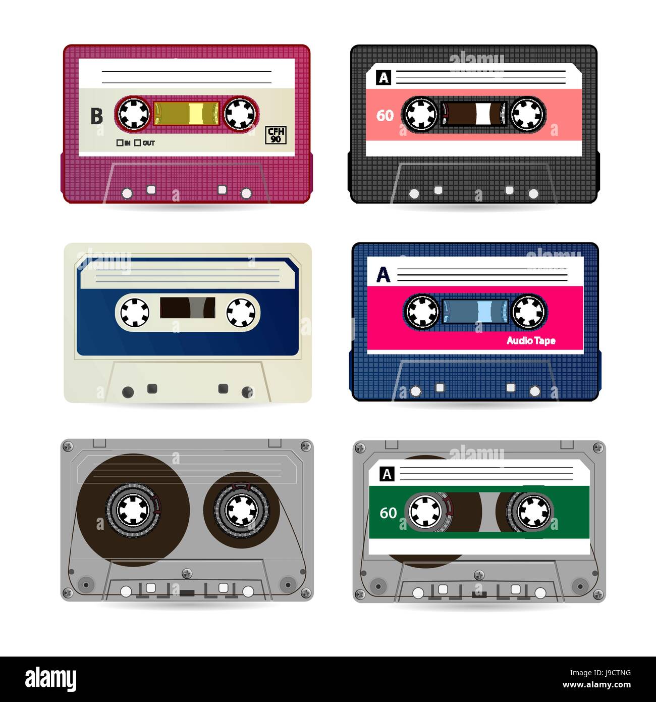 Audio Cassette Retro Vector. Colección de diferentes colores de cintas de  música. Aislado sobre fondo blanco Imagen Vector de stock - Alamy