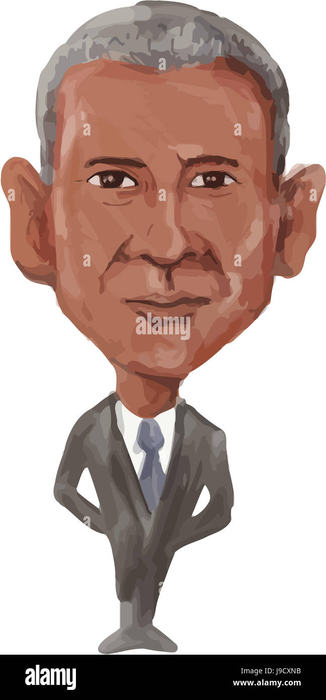 Acuarela caricatura ilustración americana del 44º Presidente de los Estados Unidos de América, Barack Obama, visto desde la parte delantera realizada en cartoon styl Foto de stock