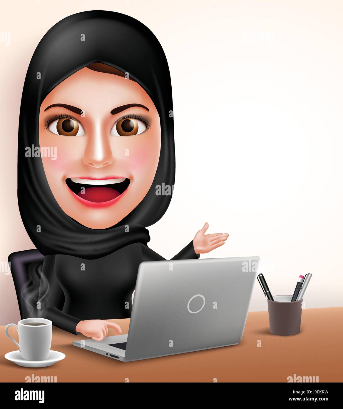 Mujer árabe musulmana de carácter vectorial como profesional que trabaja con el ordenador