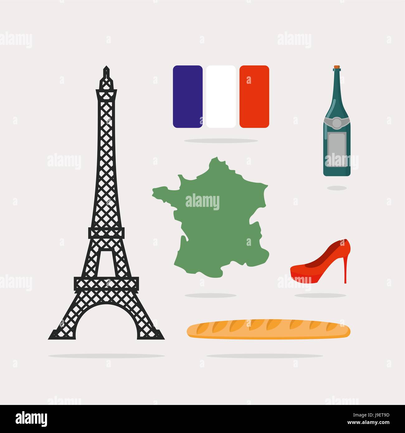 Iconos símbolos de Francia. Mapa de la Torre Eiffel y el país. Baguette y una botella de vino Iconos símbolos de Francia. Mapa de la Torre Eiffel y el país. Baguette y una botella de vino