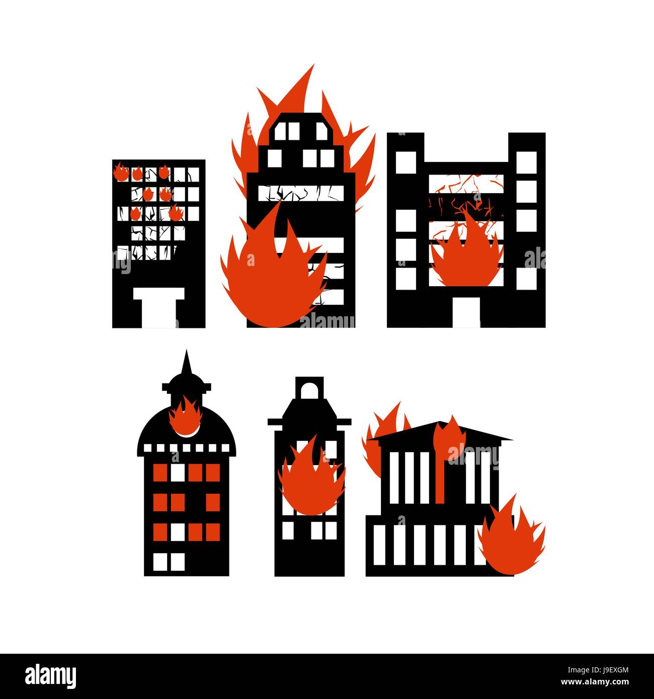 Incendio edificio. Conjunto de iconos iluminados de los edificios de la ciudad. Incidente de emergencia. Destrucción de viviendas públicas y municipales rascacielos ardiendo. Ilustración del Vector