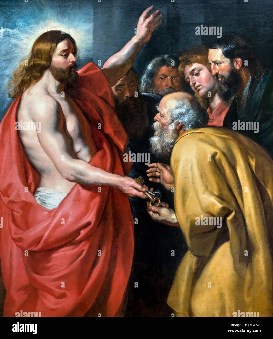 Cristo da las llaves del cielo a San Pedro por Peter Paul Rubens (1577-1640), óleo sobre panel, c.1613/15 Foto de stock