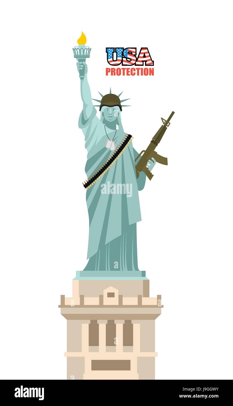 USA protección. La estatua de la libertad con la pistola. Símbolo de la democracia y de la ametralladora de correas. Histórico casco militar americana. famosa escultura en Nueva York Ilustración del Vector