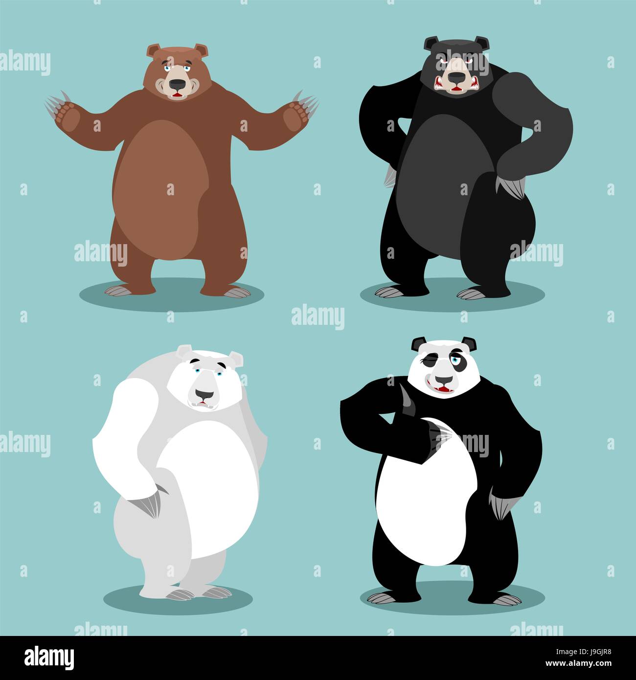 Los osos set raza. Grizzly y panda. Baribal oso negro americano. Polar. Diferentes poses animal salvaje. Los animales carnívoros Ilustración del Vector