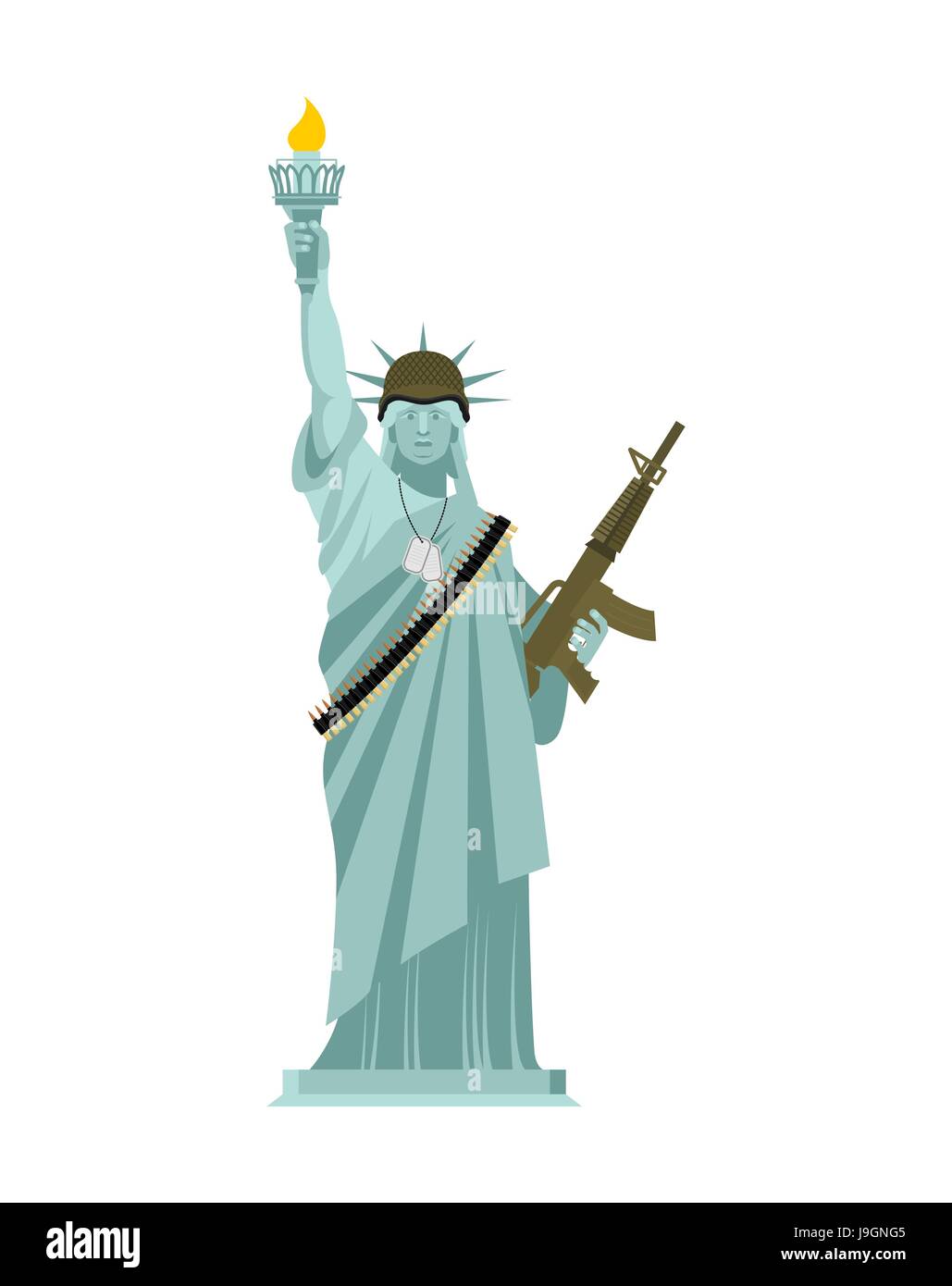 La estatua de la libertad casco militar y armas. Ejército de Estados Unidos. Correas de ametralladoras. La ley marcial. Ilustración del Vector