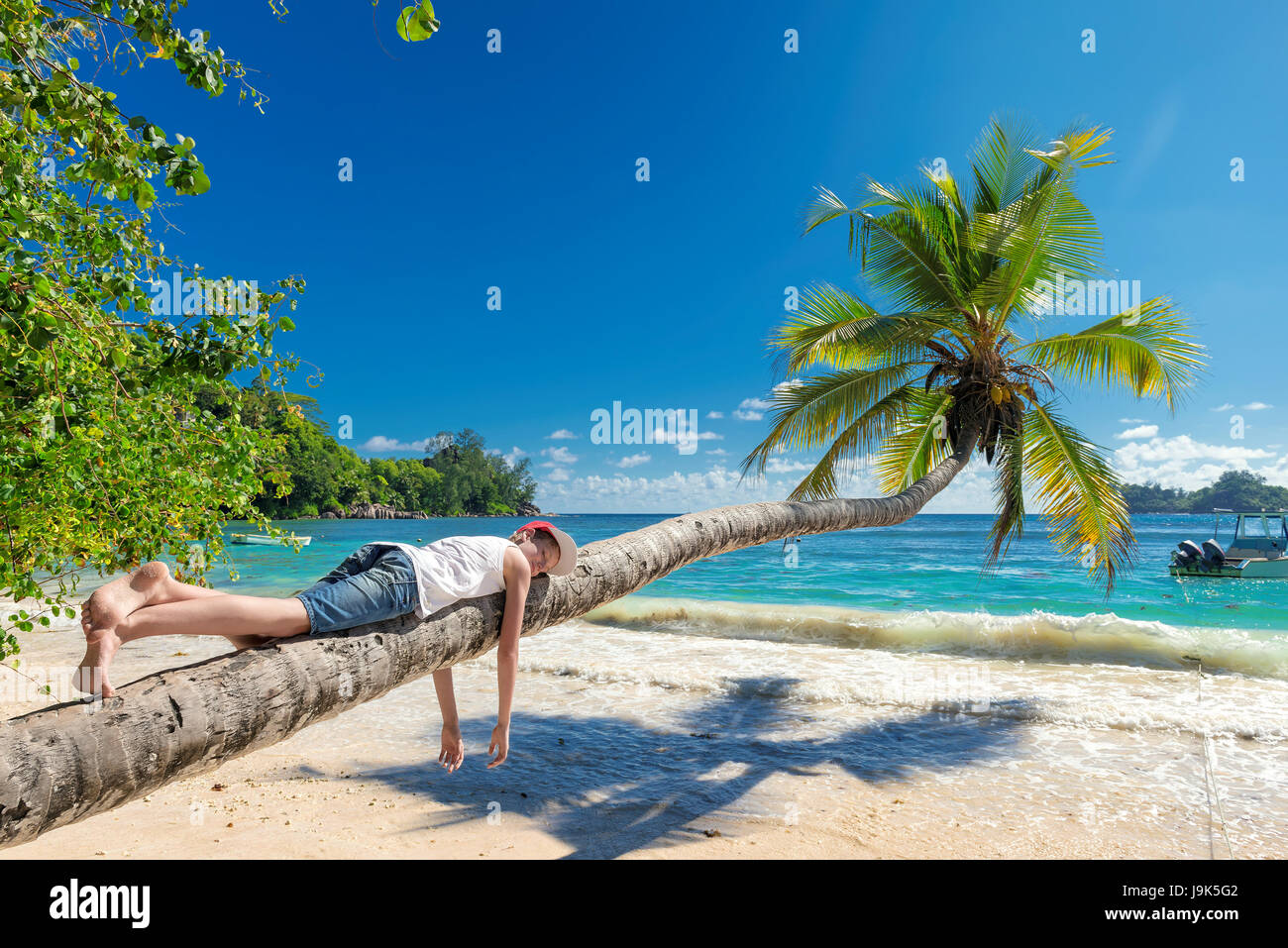 Chico lindo descansar acostado sobre una palmera en una isla tropical en vacationю Foto de stock