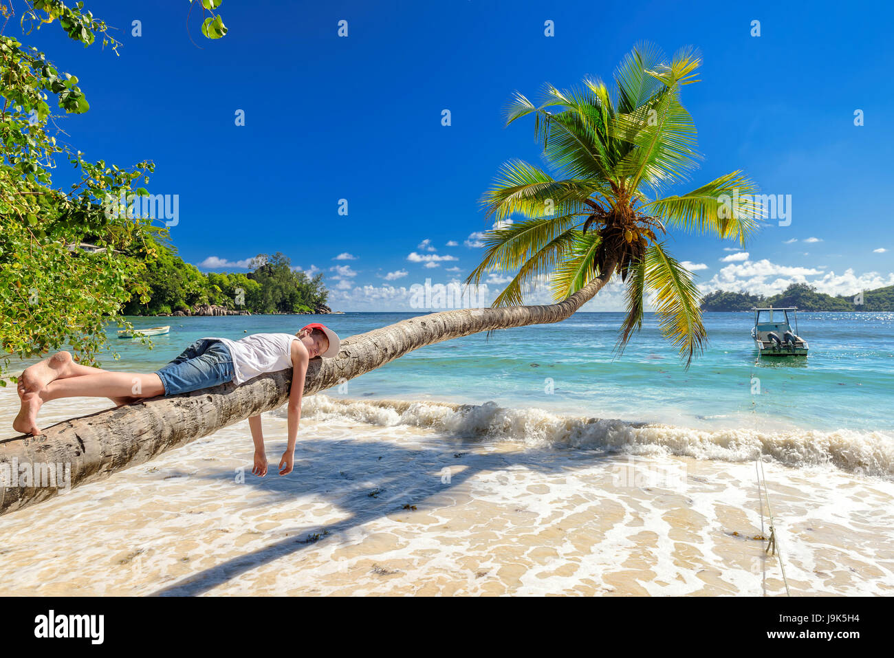 Chico lindo descansar acostado sobre una palmera en una isla tropical en vacationю Foto de stock