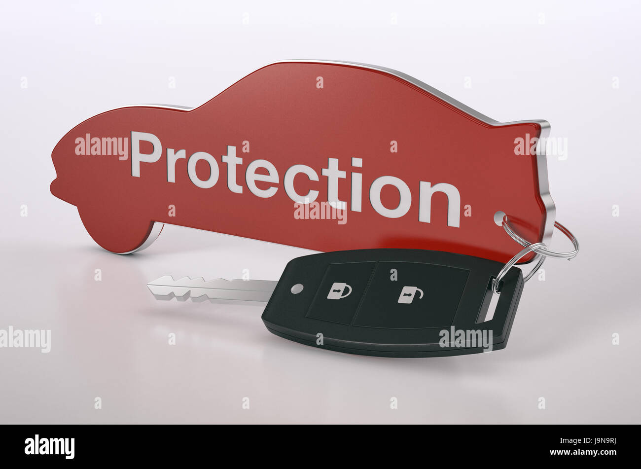 Llavero con forma de coche con texto: protección, concepto de seguros (3D Render) Foto de stock