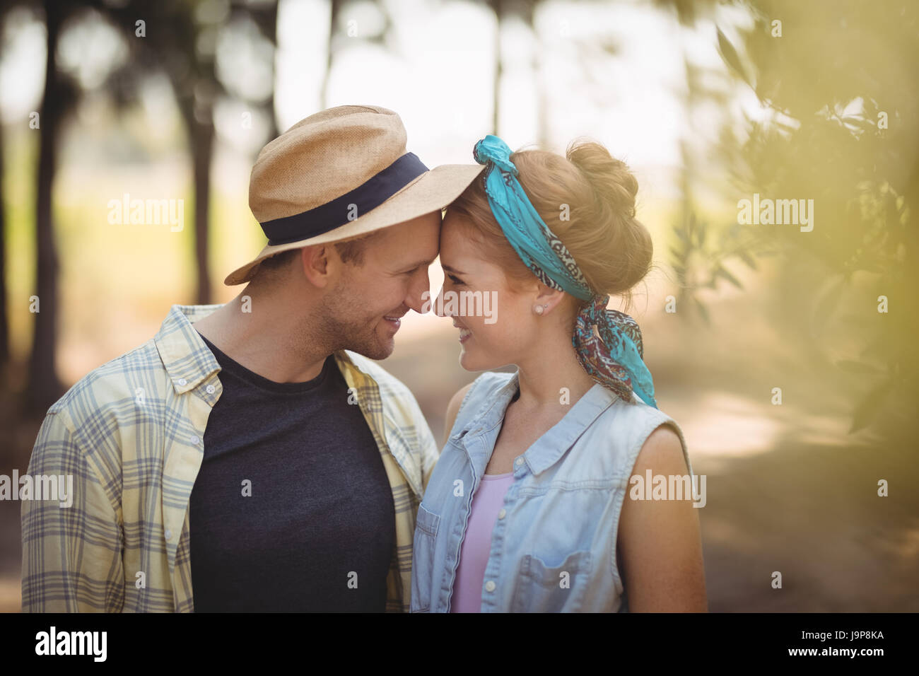 Alegre joven pareja frotando la nariz en la granja de olivos Foto de stock