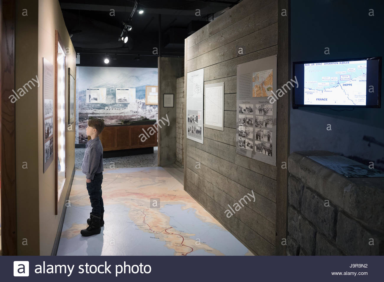 Muchacho curioso ver exposición en el museo de la guerra Foto de stock