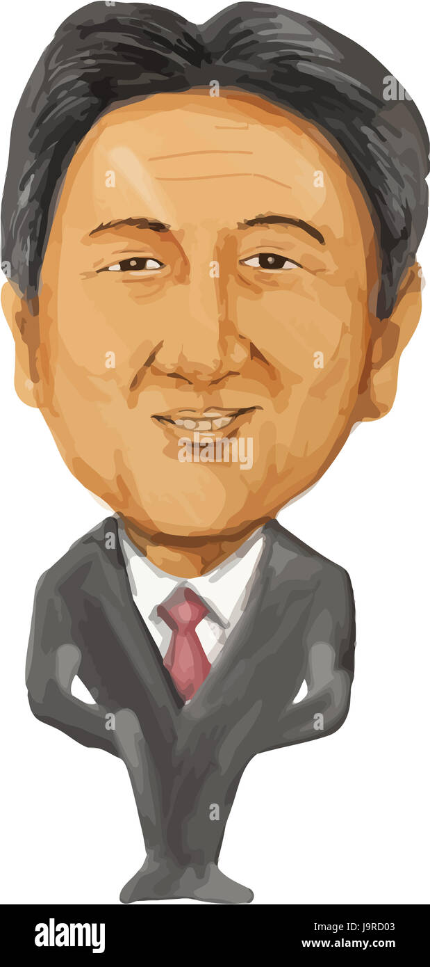 El color del agua caricatura ilustración del Primer Ministro de Japón, Shinzo Abe hacia el frente realizado en estilo de dibujos animados. Foto de stock