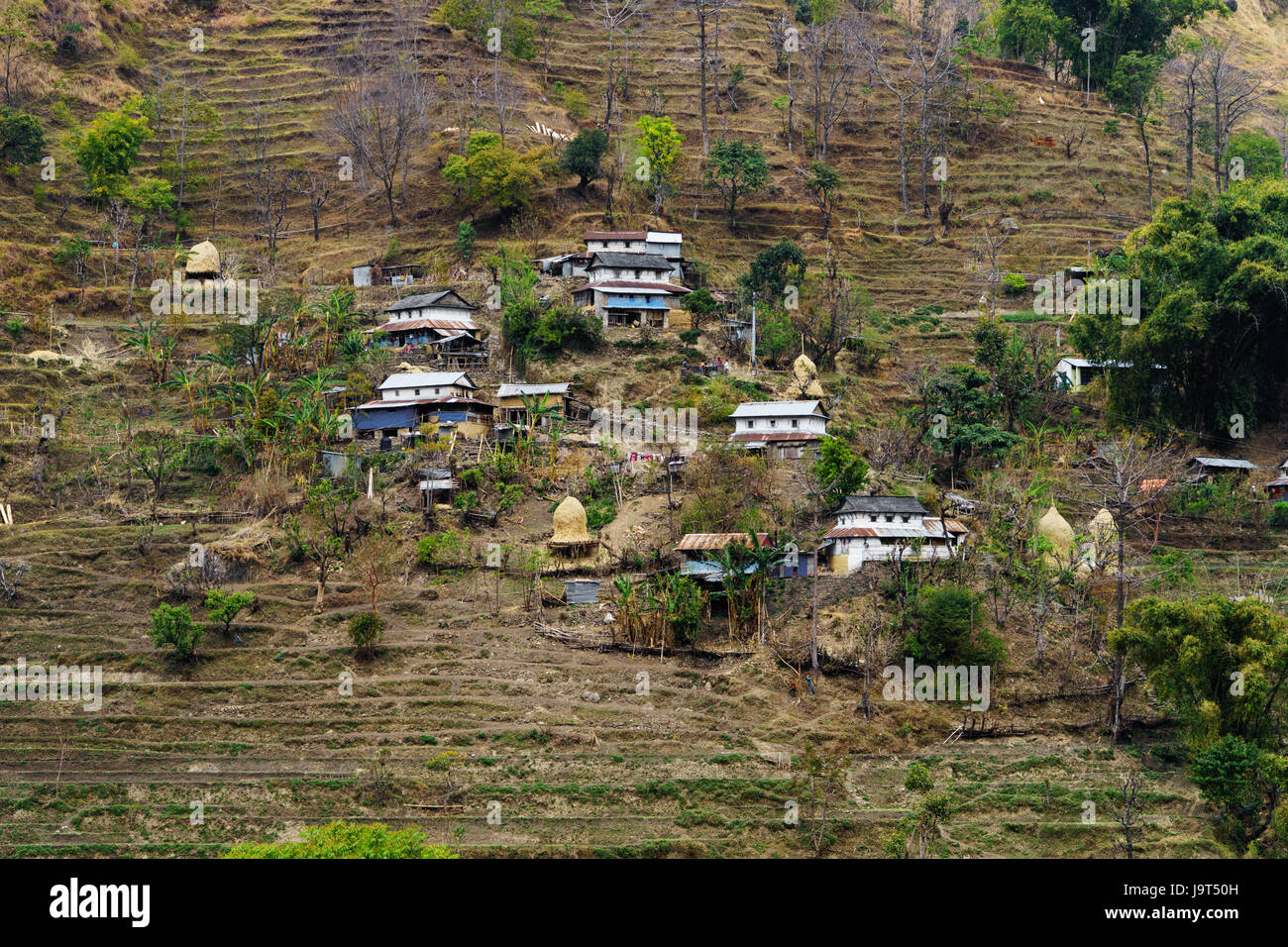 Las casas construidas en la ladera de una colina cerca de Bahundanda, distrito Lamjung en Nepal. Foto de stock
