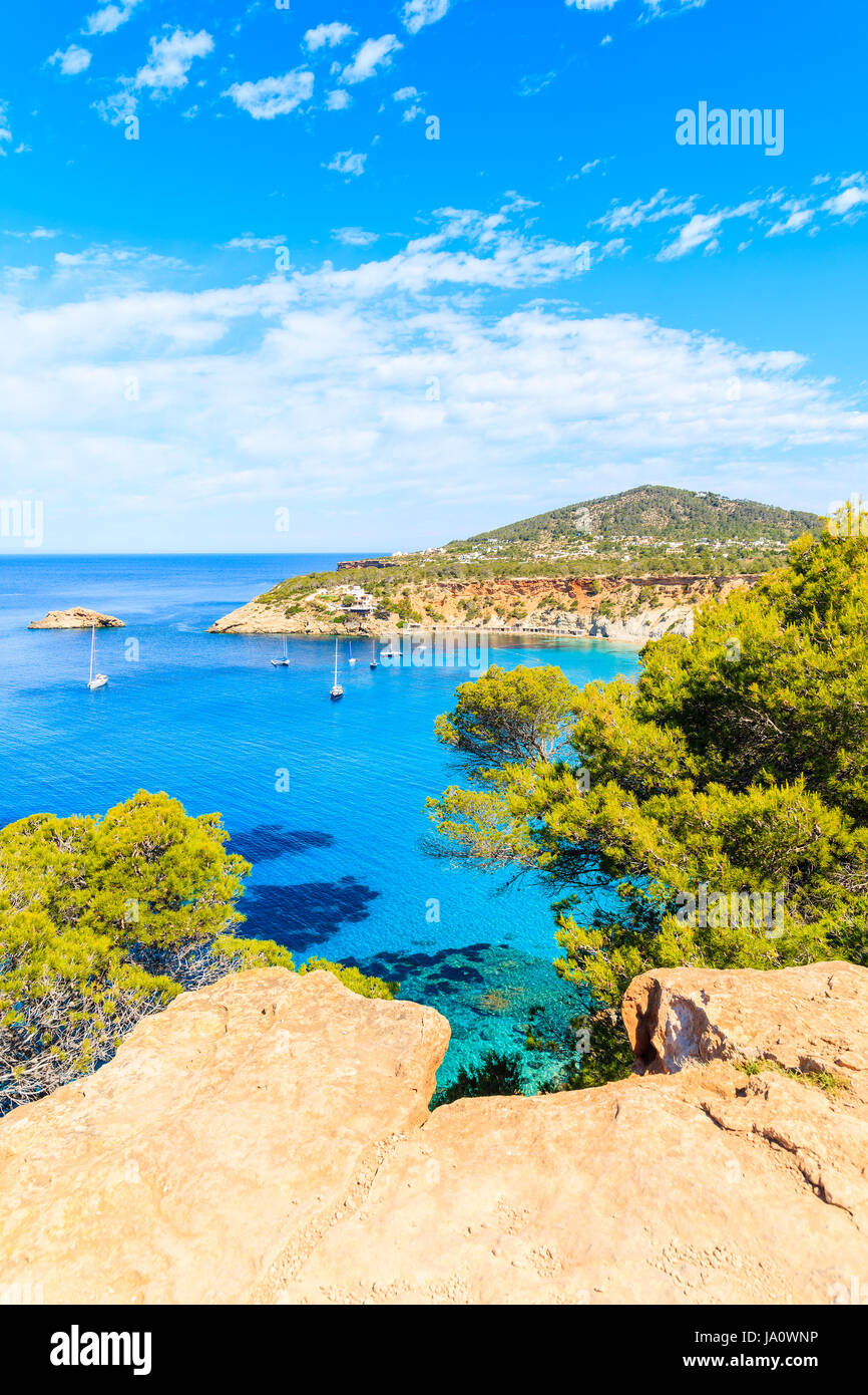 Vista de la bahía de Cala d'Hort con el hermoso mar azul agua y pinos sobre un acantilado de rocas, la isla de Ibiza, España Foto de stock