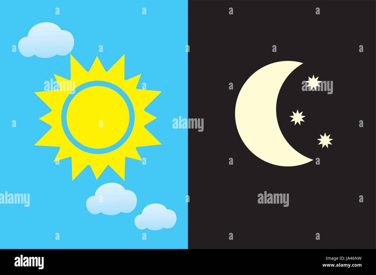Ilustración vectorial de día y de noche. Concepto de día y noche, sol y  luna, día y noche, nubes y estrellas icono Imagen Vector de stock - Alamy