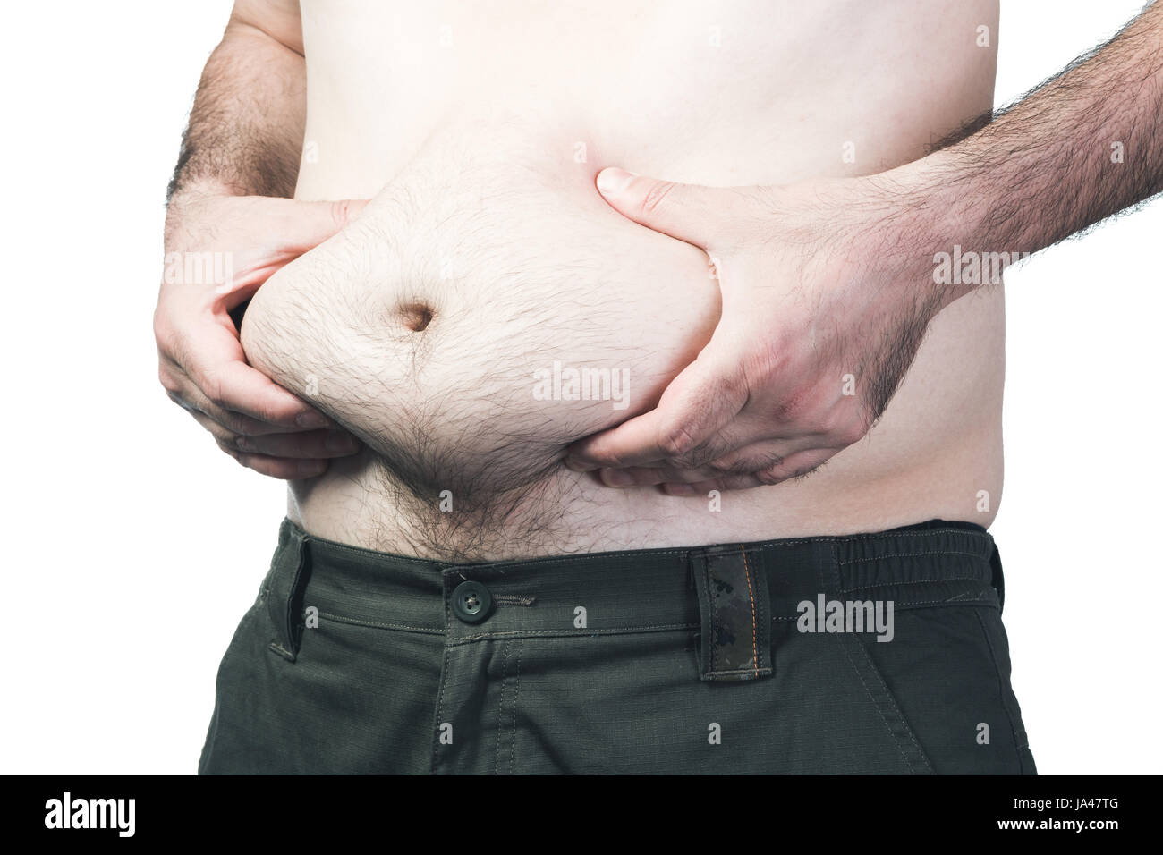 Hombre sujetando en manos big fat vientre Foto de stock