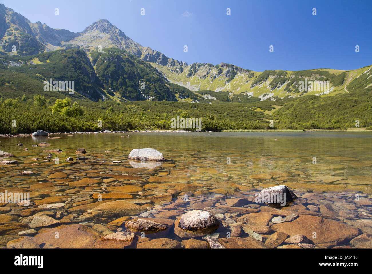 Rocas Rojas en lago de montaña con agua limpia en los Altos Tatras paisaje de verano Foto de stock