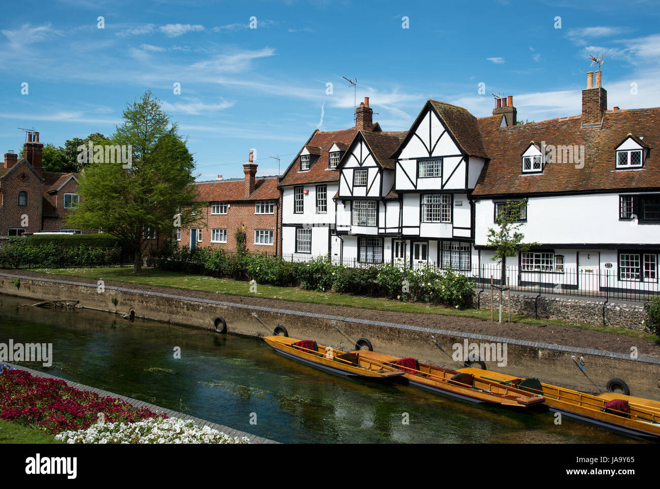 Ciudad de Canterbury, Kent, UK y canal del río Stour pasando por casas y jardines coloridos Foto de stock