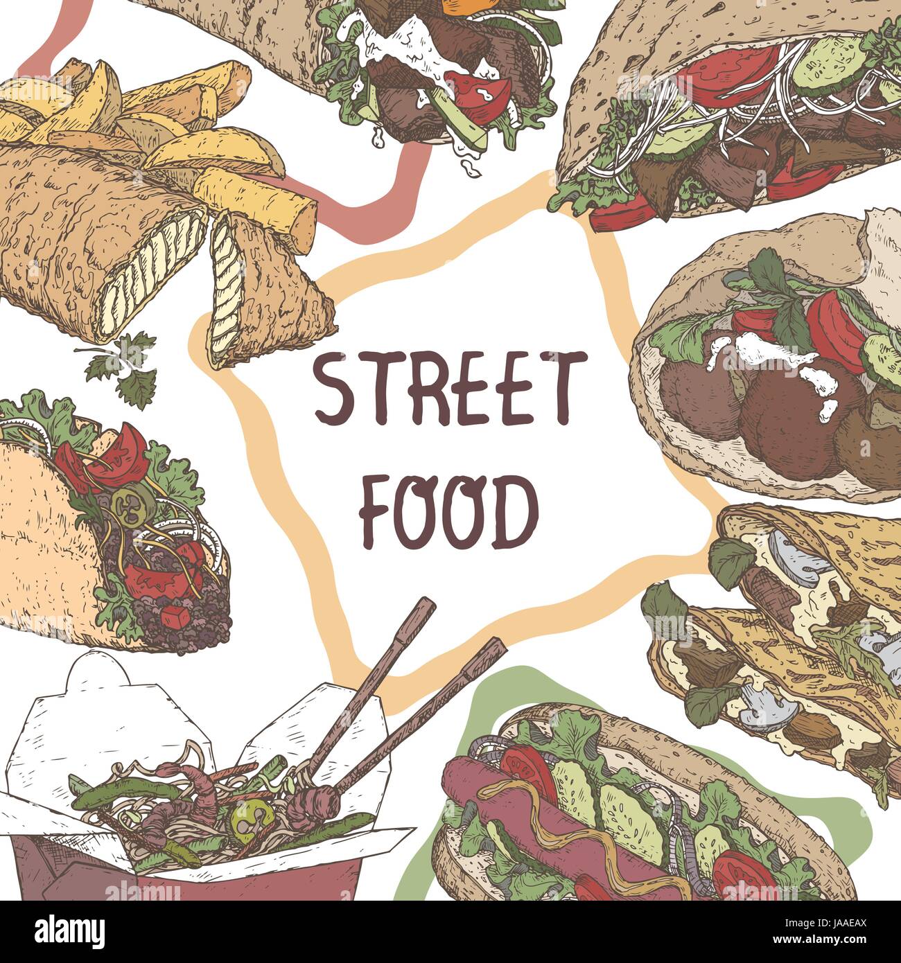 Comida en la calle la plantilla con el color bocetos de platos tradicionales en pizarra de fondo. Ilustración del Vector