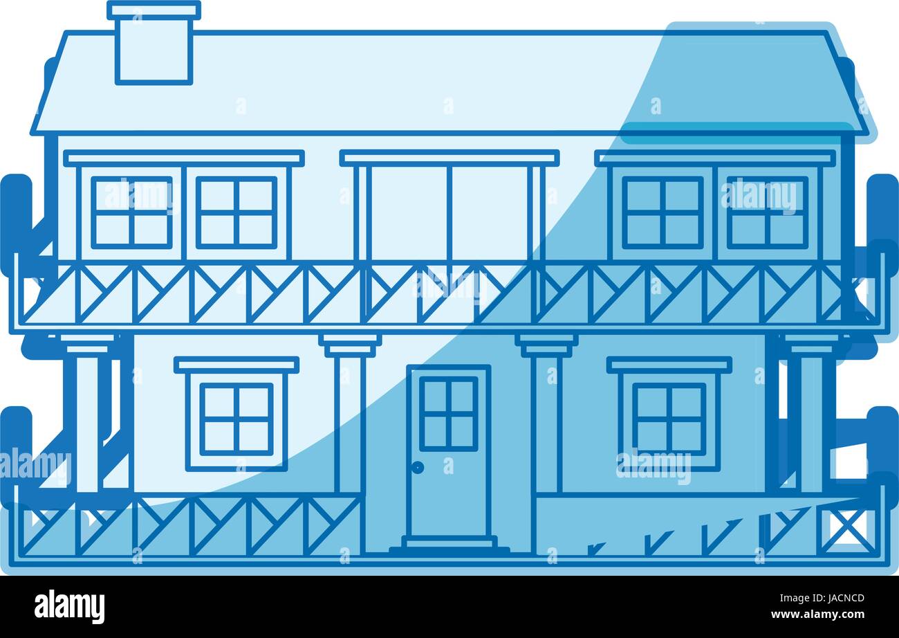 El sombreado azul silueta fachada casa de dos pisos con balcón y