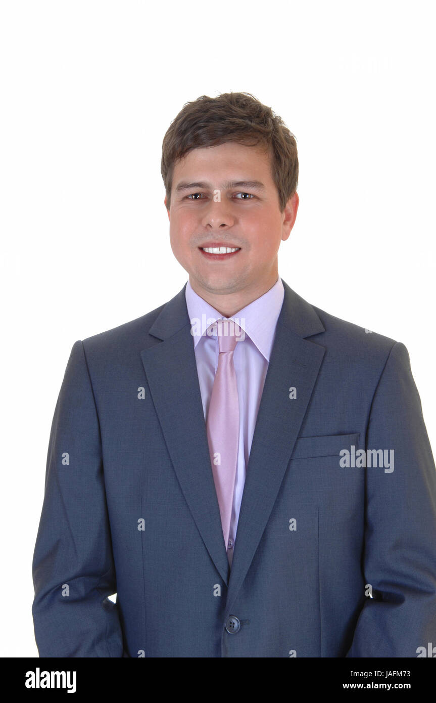 Un Joven Empresario En Un Traje Gris Y Corbata Azul Para Fondo Blanco Permanente Fotografia De Stock Alamy