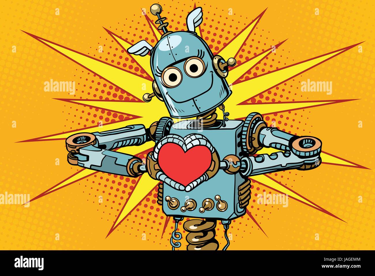 Amante del robot con un corazón rojo, símbolo del amor. Pop art retro ilustración vectorial Ilustración del Vector