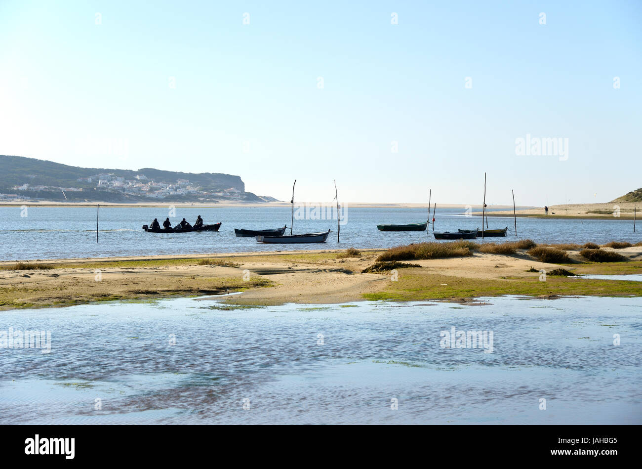 Los pescadores de la laguna de Óbidos. Portugal Foto de stock