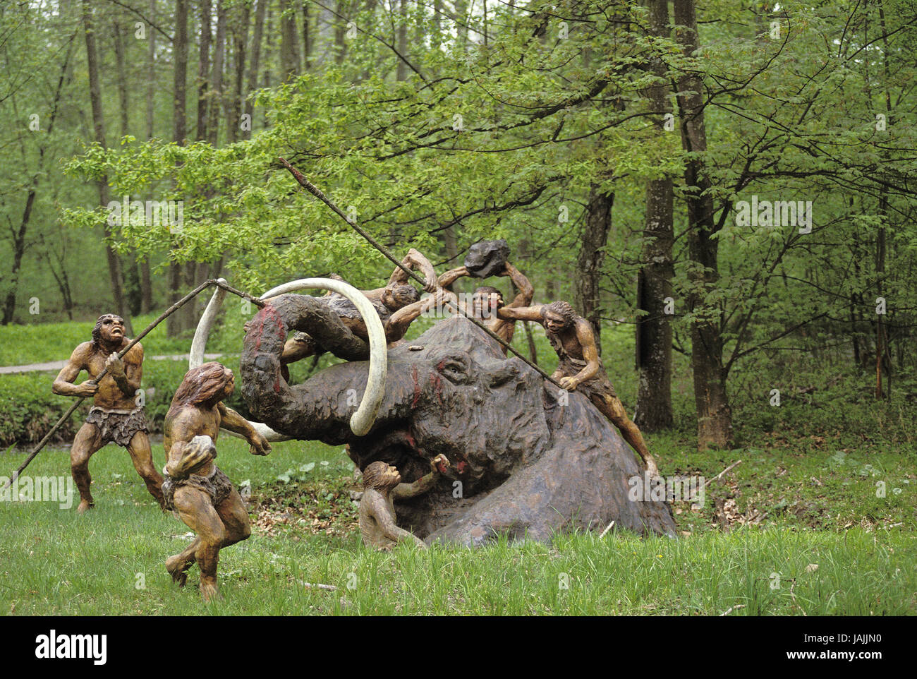 La Prehistoria, el hombre de Neandertal cazar mamut, Foto de stock