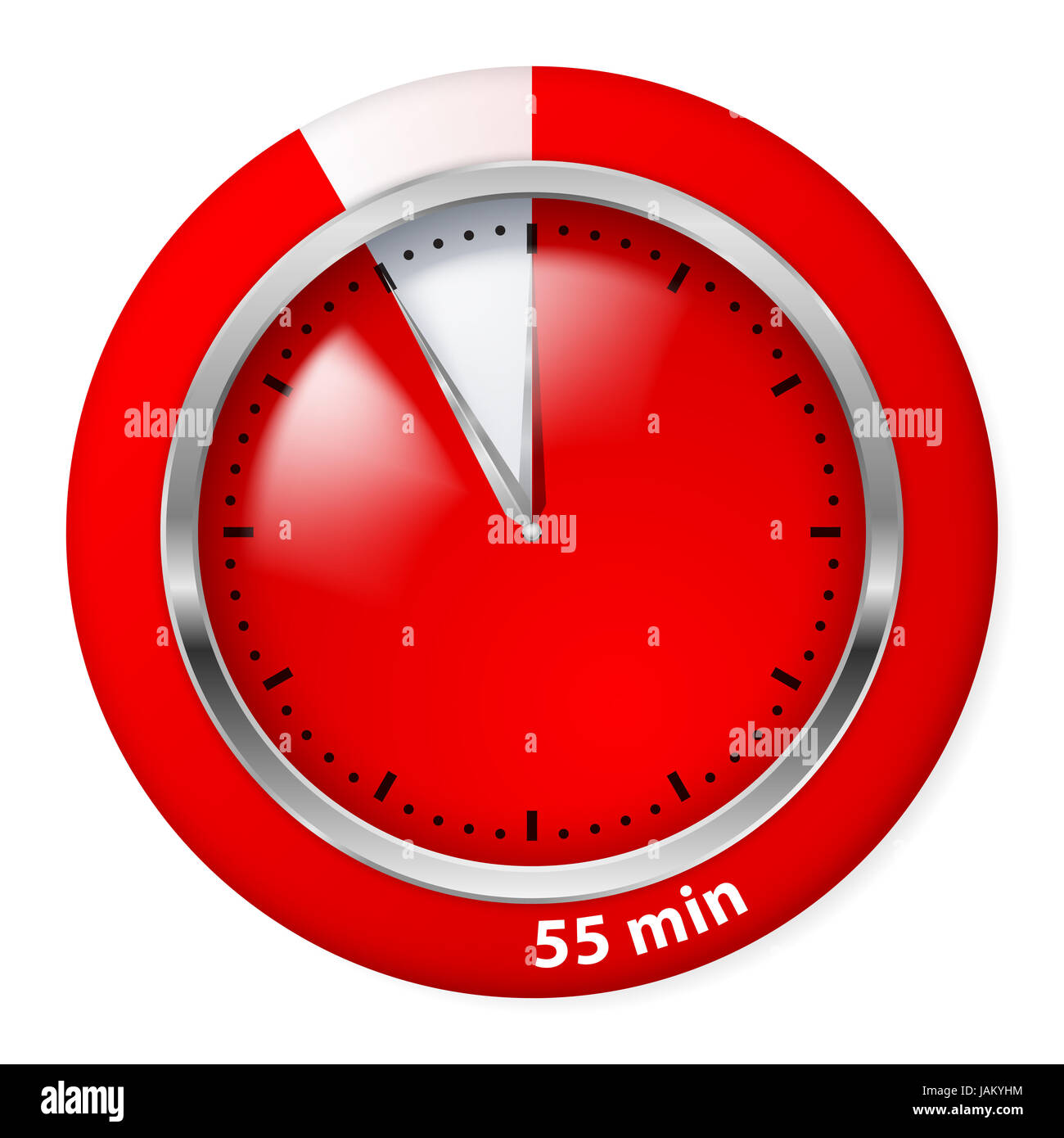 En rojo el icono del temporizador. Cincuenta y cinco minutos. Ilustración en blanco. Foto de stock