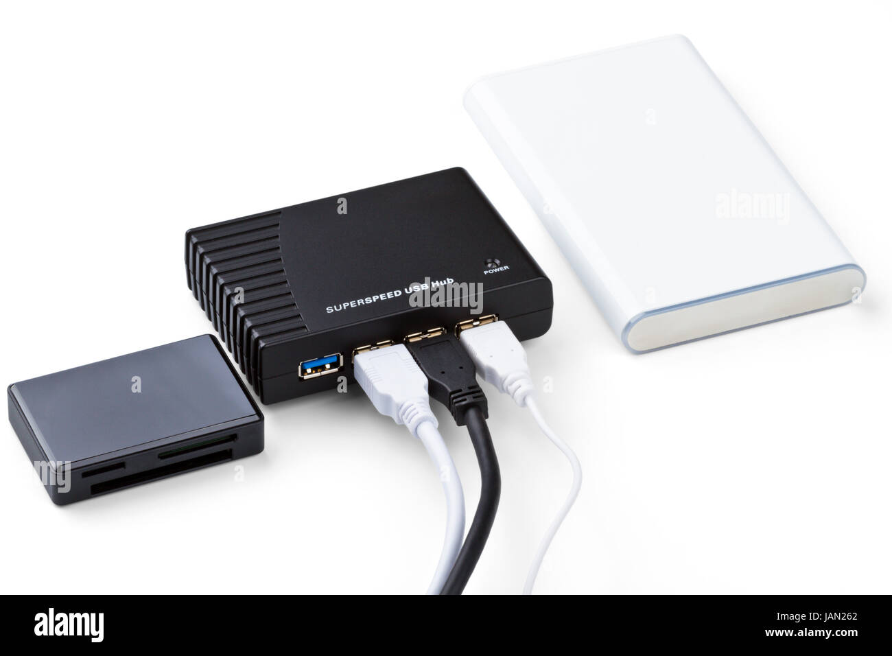 Superspeed USB hub, disco duro y lector de tarjeta aislado sobre un fondo  blanco Fotografía de stock - Alamy
