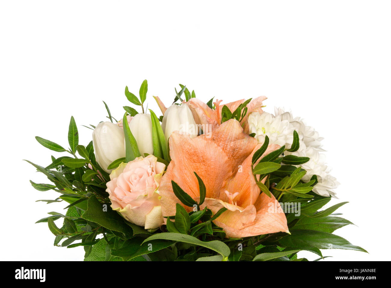 Ein Blumenstrauss mit Rosen, Amaryllis und Chrysanthemen Foto de stock